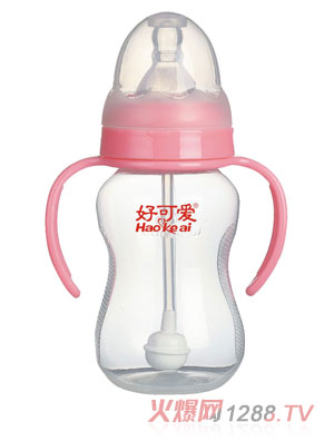 好可愛(ài)標(biāo)口自動(dòng)吸管手柄弧形奶瓶80ml