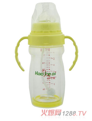 好可愛(ài)寬口自動(dòng)吸管手柄雙層晶鉆玻璃奶瓶240ML