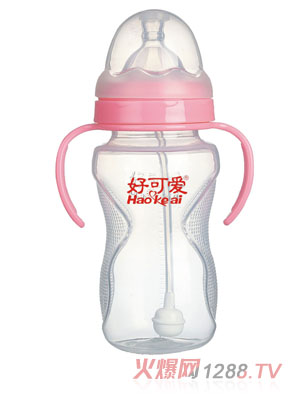 好可愛(ài)寬口自動(dòng)吸管手柄弧形奶瓶300ml